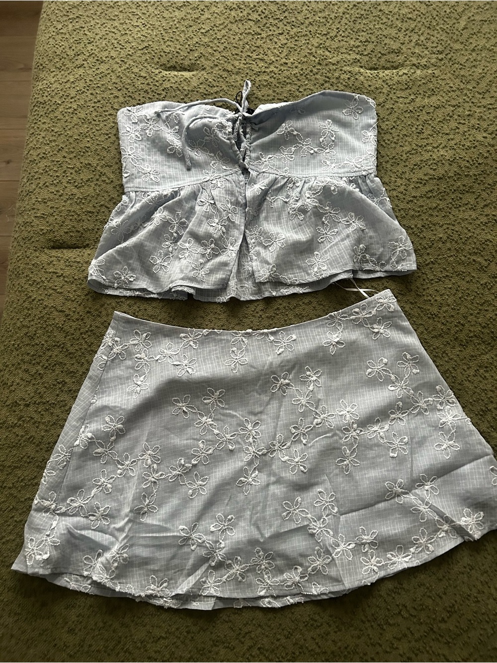 Princess Polly Light Blue & White Floral Embroidered Strapless Skirt Set